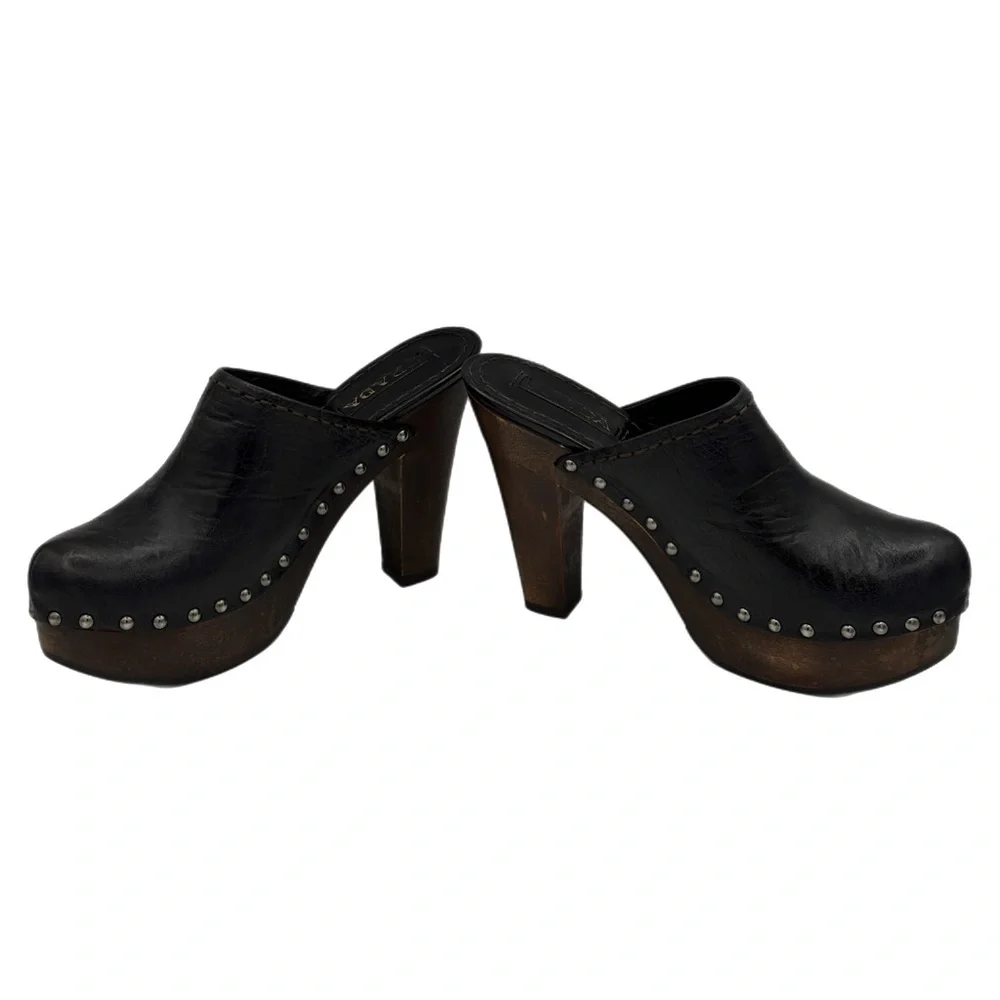 Prada Black Leather Mules with Distressed Wooden Heel – Size 39 EU - Picture 7 of 13
